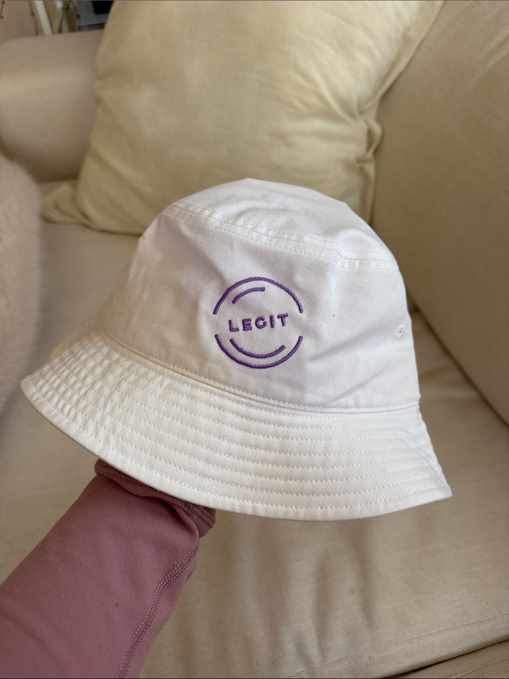 White Womens Bucket Hat with Purple Logo